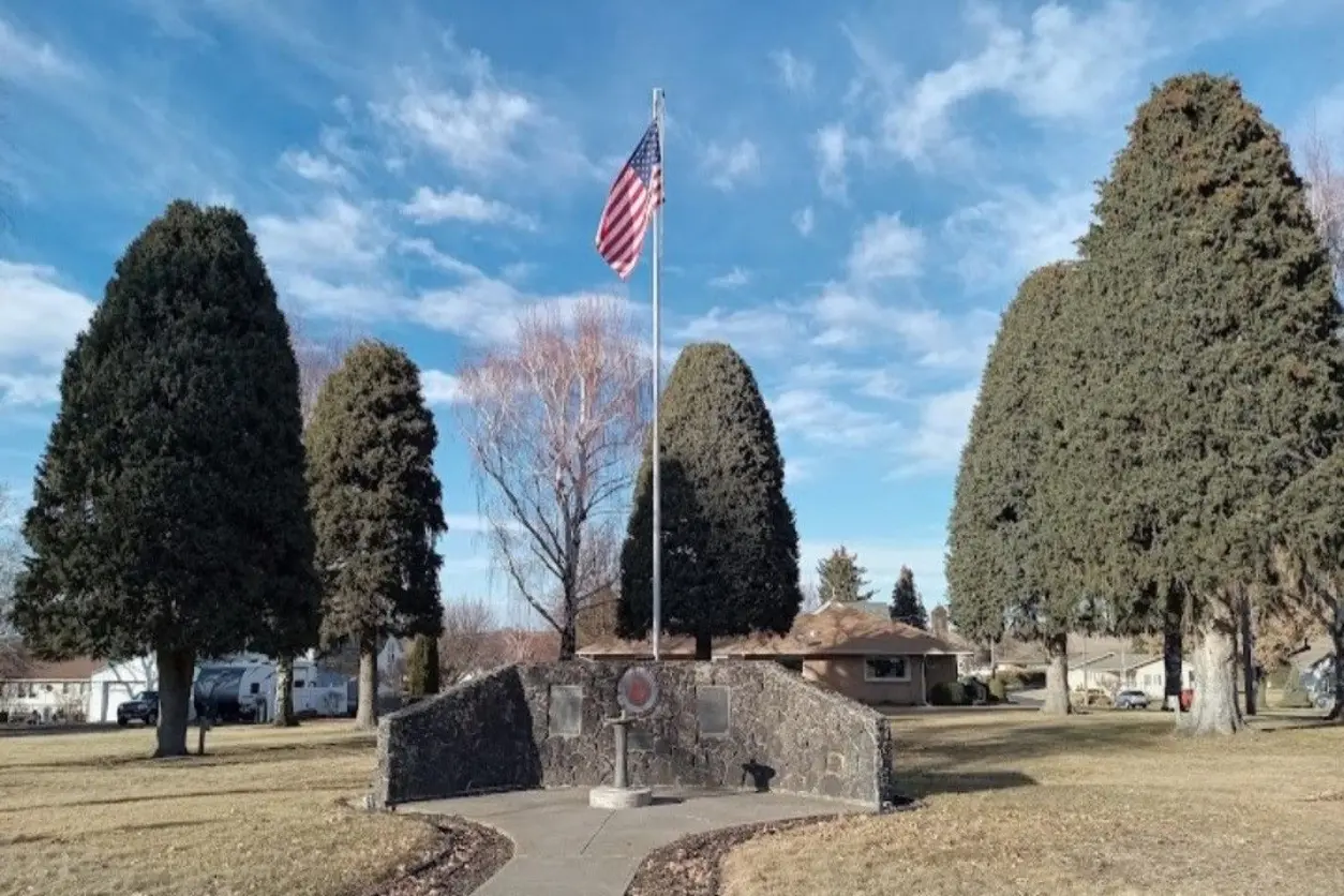 A flag flying in the air next to trees.